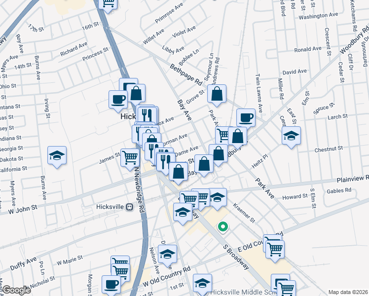 map of restaurants, bars, coffee shops, grocery stores, and more near 73 Thorman Avenue in Hicksville