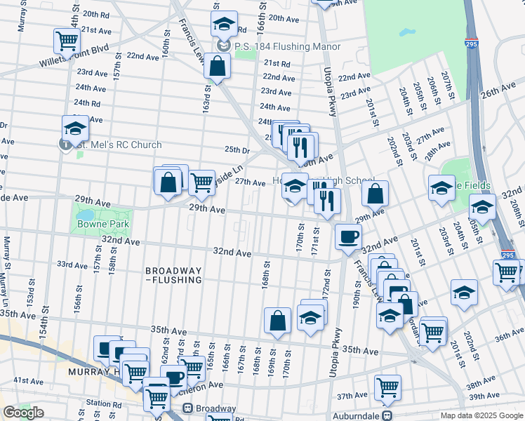 map of restaurants, bars, coffee shops, grocery stores, and more near 167-07 29th Avenue in Queens