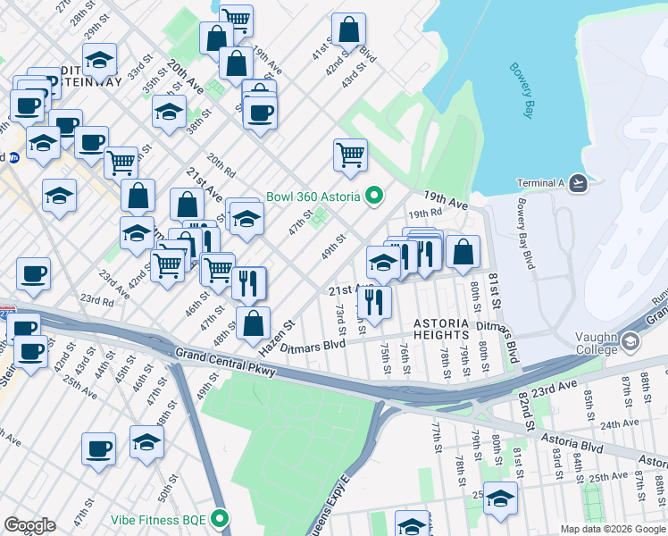 map of restaurants, bars, coffee shops, grocery stores, and more near 20-20 Hazen Street in Queens