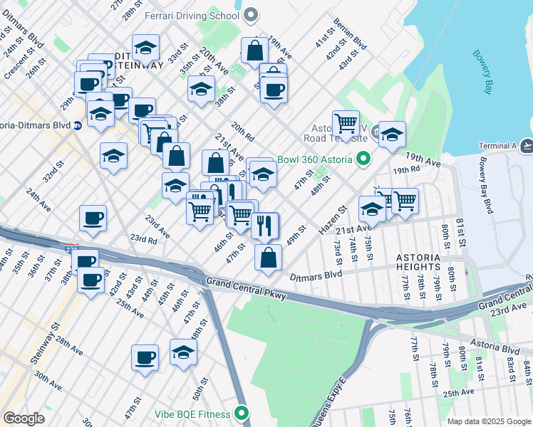 map of restaurants, bars, coffee shops, grocery stores, and more near 21-15 46th Street in Queens