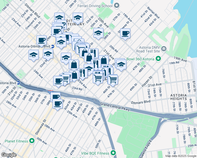 map of restaurants, bars, coffee shops, grocery stores, and more near 22-10 42nd Street in Queens
