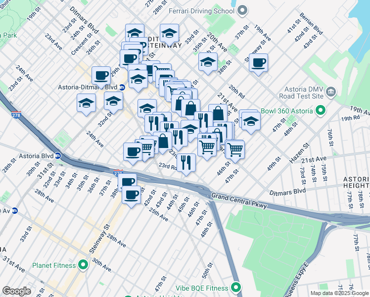 map of restaurants, bars, coffee shops, grocery stores, and more near 22-42 41st Street in Queens
