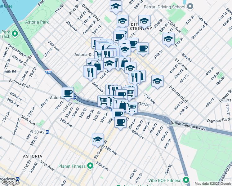 map of restaurants, bars, coffee shops, grocery stores, and more near 23-67 35th Street in Queens