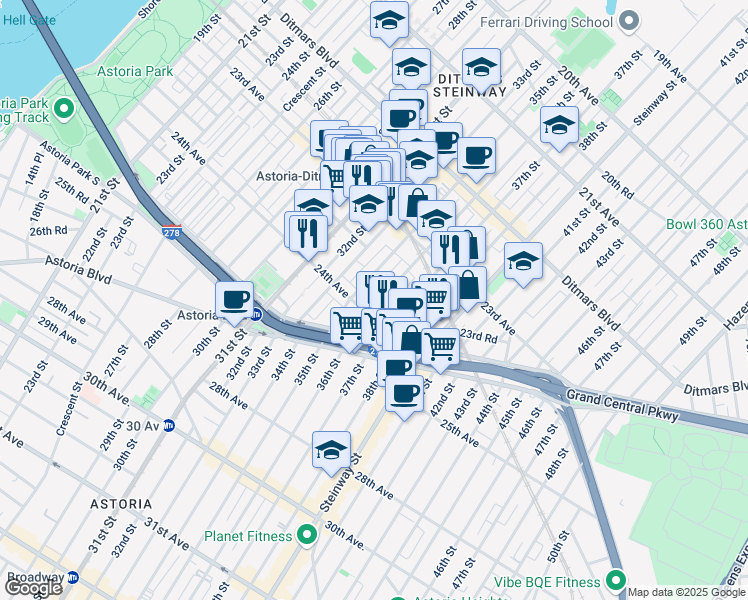 map of restaurants, bars, coffee shops, grocery stores, and more near 23-67 35th Street in Queens