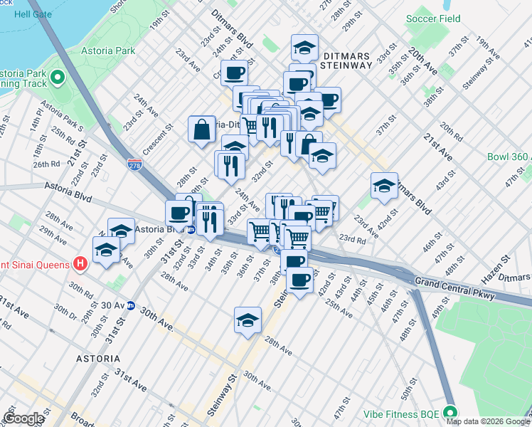 map of restaurants, bars, coffee shops, grocery stores, and more near 33-3 24th Avenue in Queens