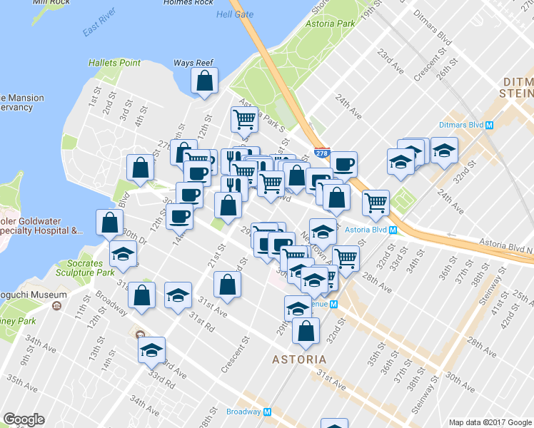 map of restaurants, bars, coffee shops, grocery stores, and more near in Queens