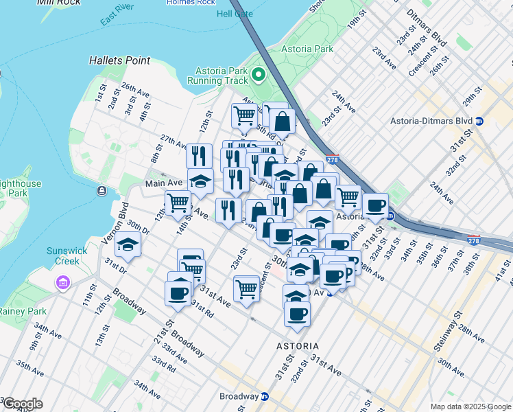 map of restaurants, bars, coffee shops, grocery stores, and more near 27-24 23rd Street in Queens