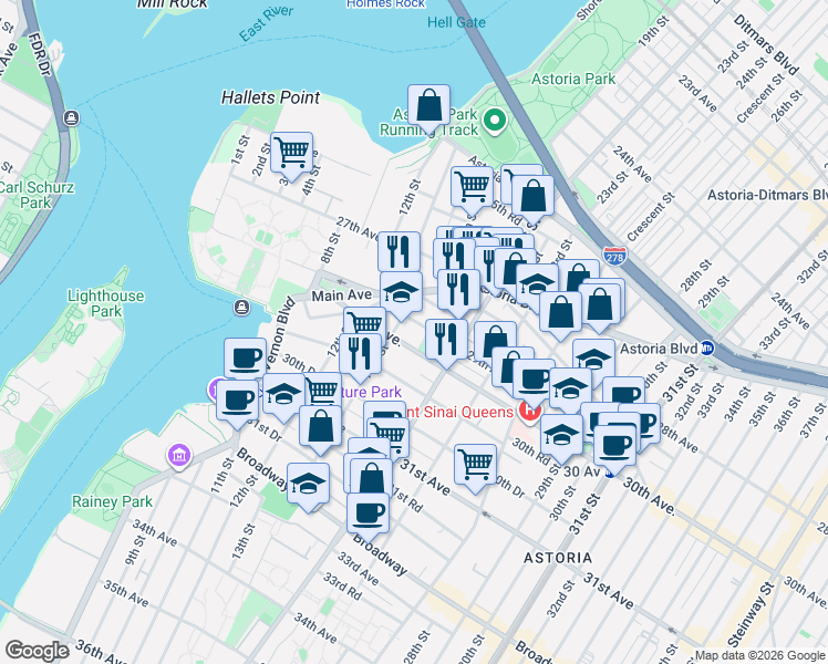 map of restaurants, bars, coffee shops, grocery stores, and more near 28-15 14th Street in Queens