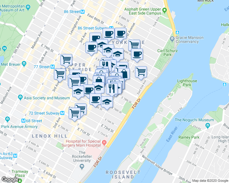 map of restaurants, bars, coffee shops, grocery stores, and more near 425 East 79th Street in New York