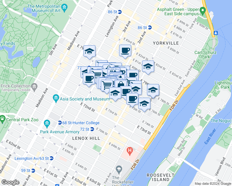 map of restaurants, bars, coffee shops, grocery stores, and more near 1460 2nd Avenue in New York