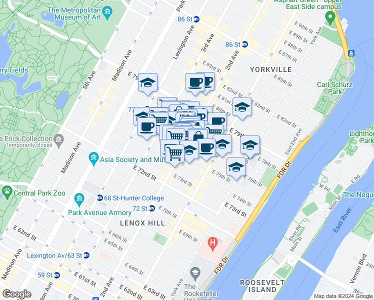 map of restaurants, bars, coffee shops, grocery stores, and more near 1460 2nd Avenue in New York