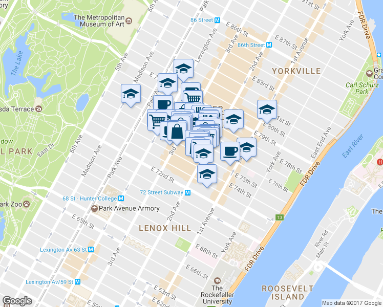 map of restaurants, bars, coffee shops, grocery stores, and more near in New York