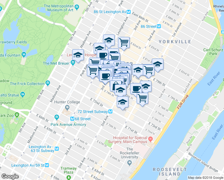 map of restaurants, bars, coffee shops, grocery stores, and more near in New York
