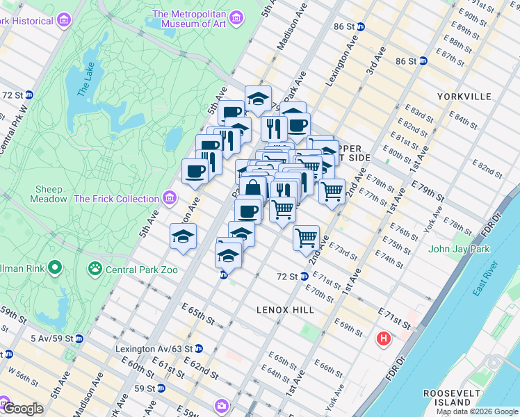map of restaurants, bars, coffee shops, grocery stores, and more near 125 East 73rd Street in New York