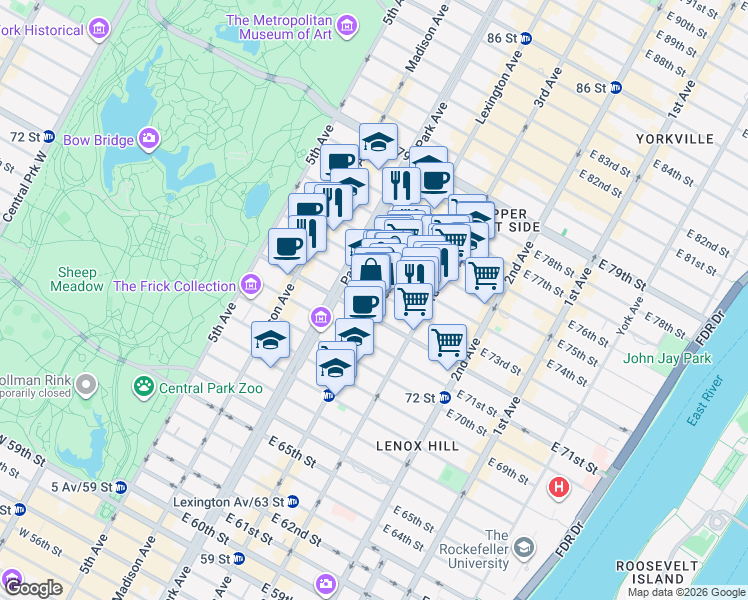 map of restaurants, bars, coffee shops, grocery stores, and more near 125 East 73rd Street in New York
