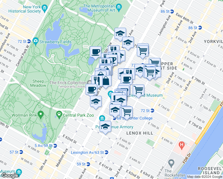 map of restaurants, bars, coffee shops, grocery stores, and more near in New York