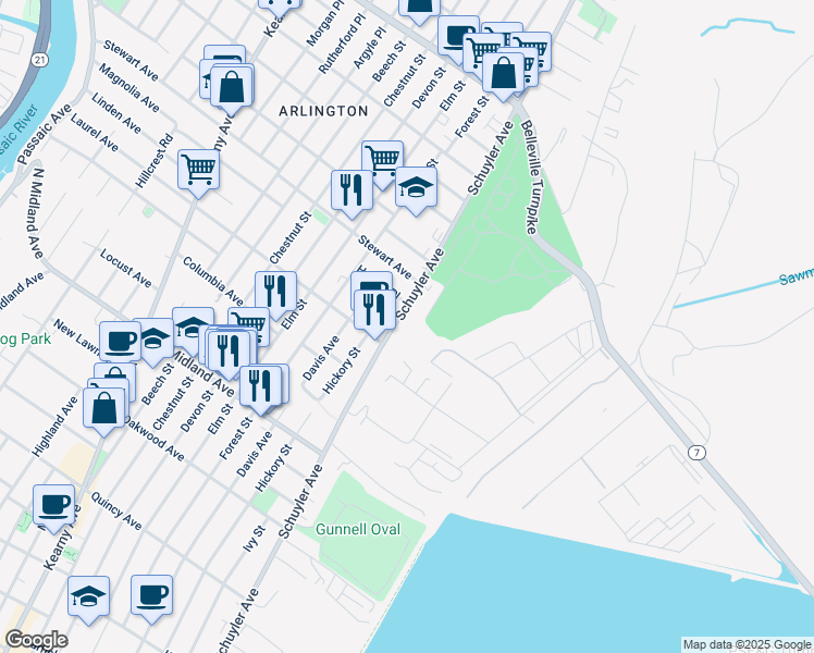 map of restaurants, bars, coffee shops, grocery stores, and more near 700 Schuyler Avenue in Kearny