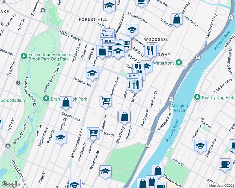 map of restaurants, bars, coffee shops, grocery stores, and more near 583 Summer Avenue in Newark