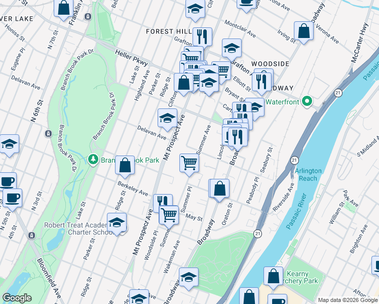 map of restaurants, bars, coffee shops, grocery stores, and more near 173 Delavan Avenue in Newark