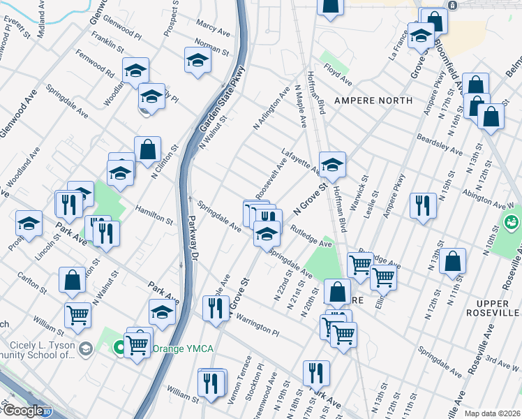 map of restaurants, bars, coffee shops, grocery stores, and more near 258 Rutledge Avenue in East Orange
