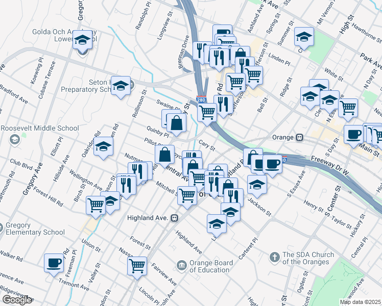 map of restaurants, bars, coffee shops, grocery stores, and more near 458 Valley Road in West Orange