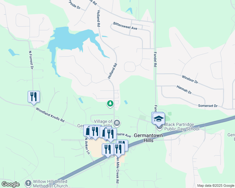 map of restaurants, bars, coffee shops, grocery stores, and more near 600-698 Holland Road in Germantown Hills