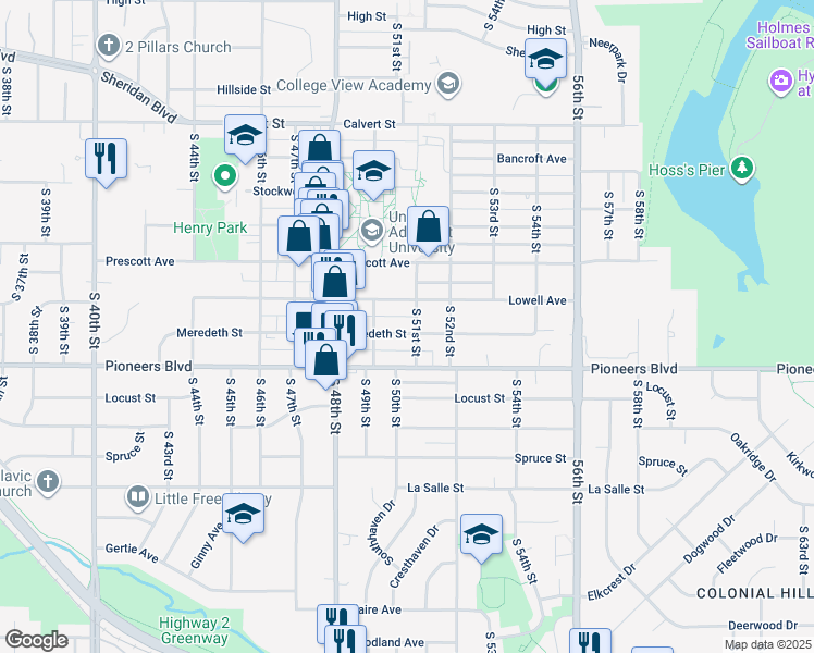 map of restaurants, bars, coffee shops, grocery stores, and more near 4101 South 51st Street in Lincoln