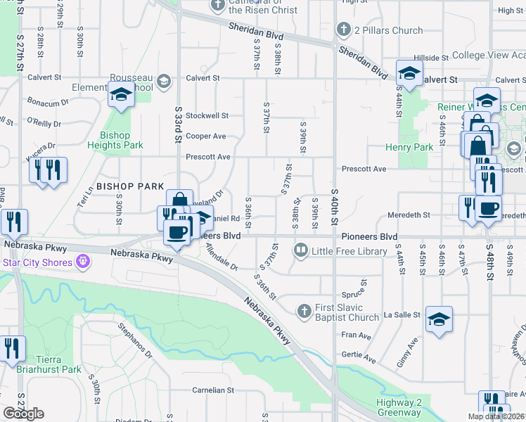 map of restaurants, bars, coffee shops, grocery stores, and more near 3641 Lowell Avenue in Lincoln