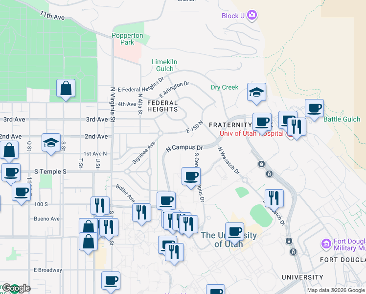 map of restaurants, bars, coffee shops, grocery stores, and more near 1550 East in Salt Lake City