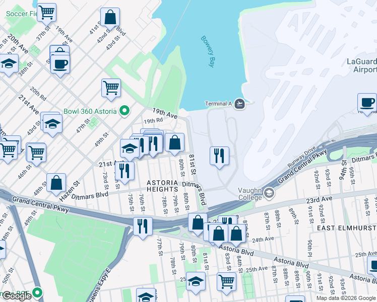 map of restaurants, bars, coffee shops, grocery stores, and more near 19-78 81st Street in Queens