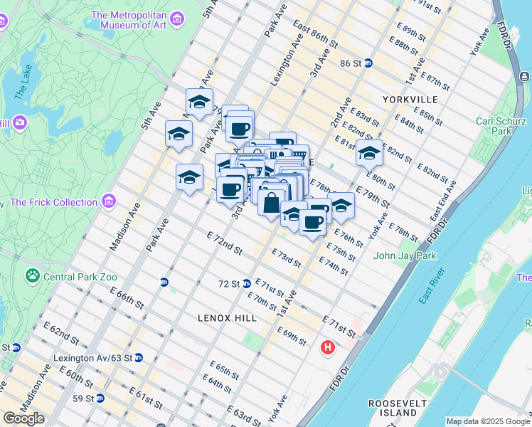 map of restaurants, bars, coffee shops, grocery stores, and more near 234 East 75th Street in New York