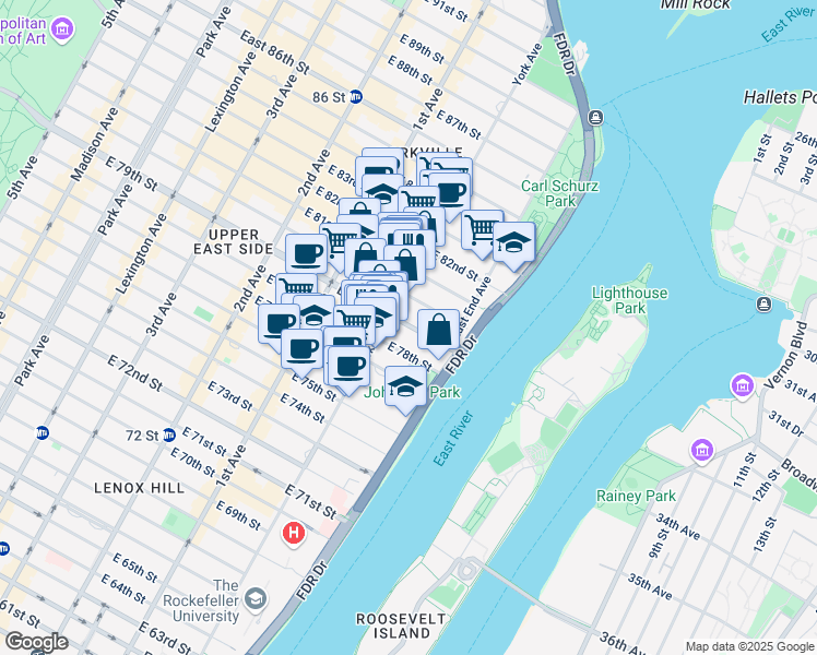 map of restaurants, bars, coffee shops, grocery stores, and more near 503 East 79th Street in New York