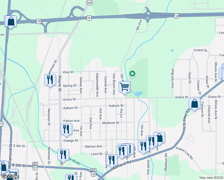 map of restaurants, bars, coffee shops, grocery stores, and more near 490 Van Buren Avenue in Mansfield