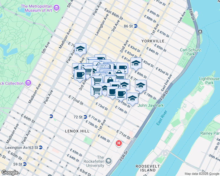 map of restaurants, bars, coffee shops, grocery stores, and more near 343 East 76th Street in New York