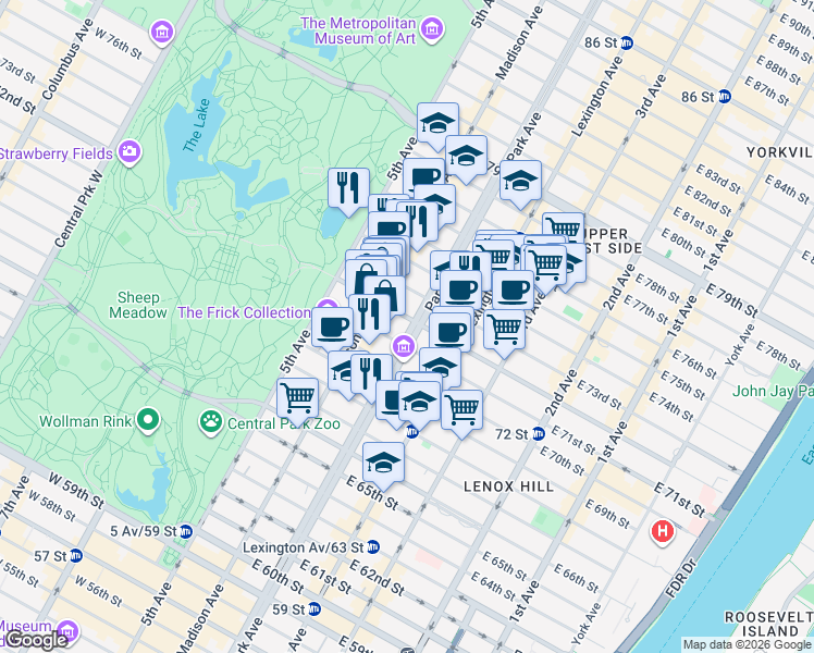 map of restaurants, bars, coffee shops, grocery stores, and more near 750 Park Avenue in New York