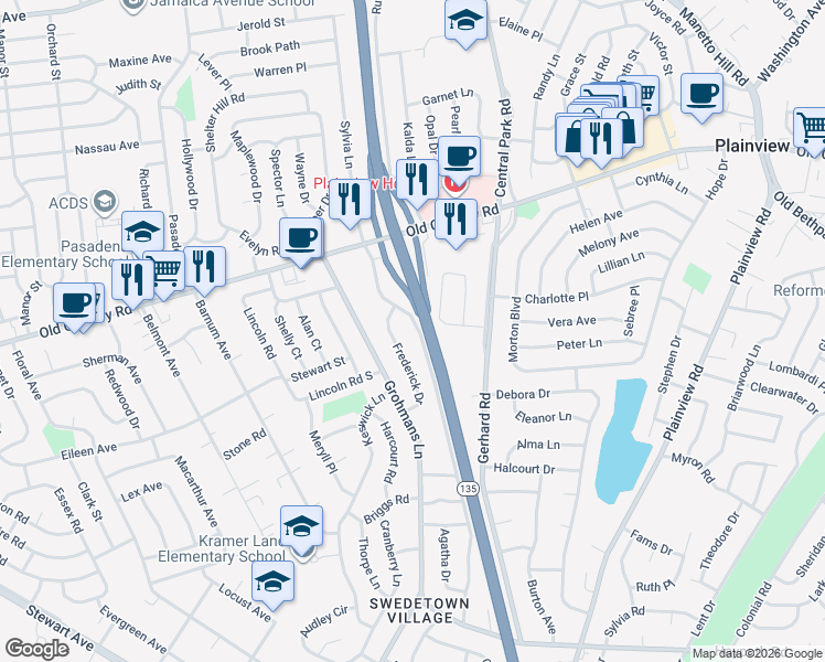 map of restaurants, bars, coffee shops, grocery stores, and more near 50 West Lane Drive in Plainview
