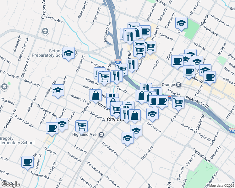 map of restaurants, bars, coffee shops, grocery stores, and more near 196 Lafayette Street in City of Orange