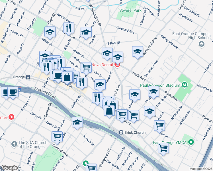 map of restaurants, bars, coffee shops, grocery stores, and more near 86 Hillyer Street in City of Orange