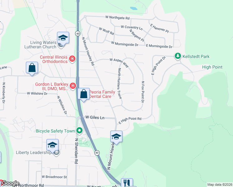 map of restaurants, bars, coffee shops, grocery stores, and more near 6916 North Hunters Trace in Peoria