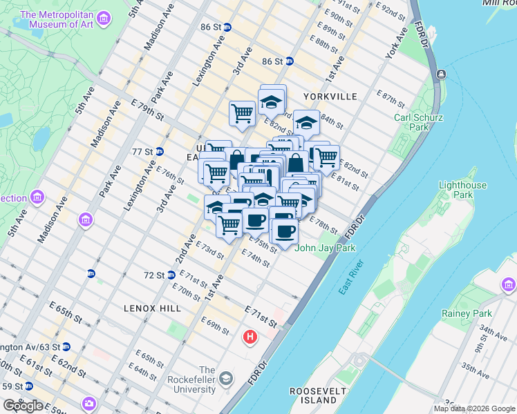 map of restaurants, bars, coffee shops, grocery stores, and more near 1st Avenue & E 77th St in New York