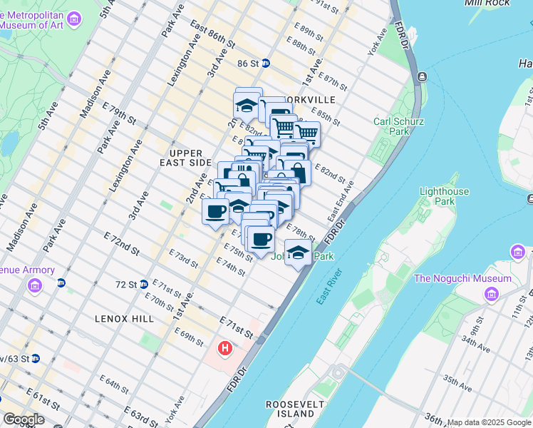 map of restaurants, bars, coffee shops, grocery stores, and more near 435 East 78th Street in New York