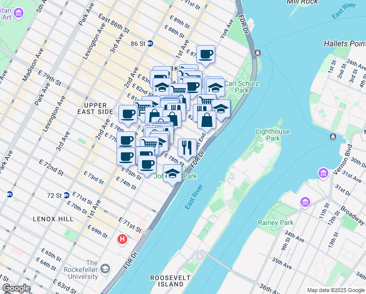 map of restaurants, bars, coffee shops, grocery stores, and more near 528 East 80th Street in New York