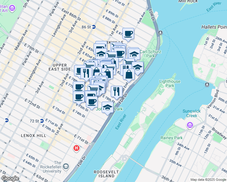 map of restaurants, bars, coffee shops, grocery stores, and more near 513 East 79th Street in New York