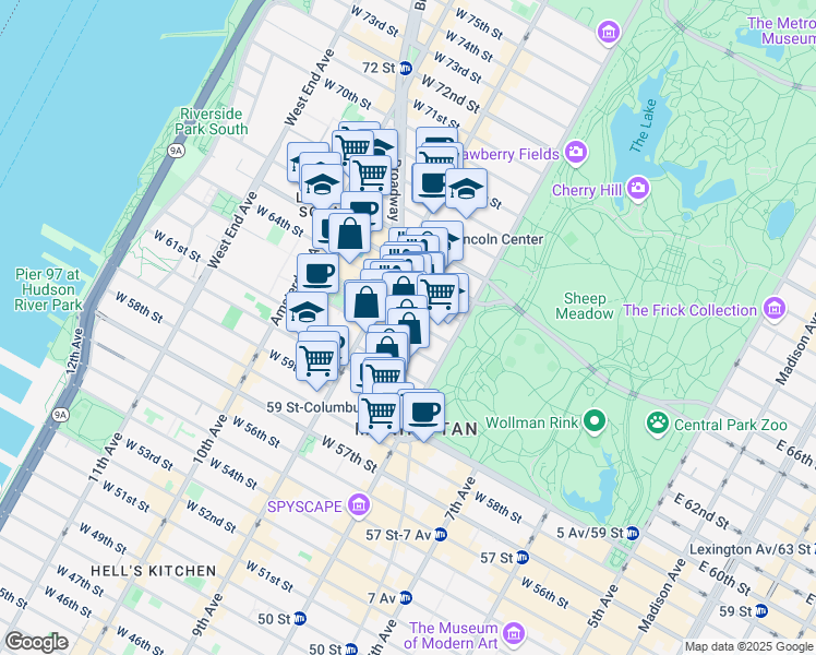 map of restaurants, bars, coffee shops, grocery stores, and more near 1890 Broadway in New York