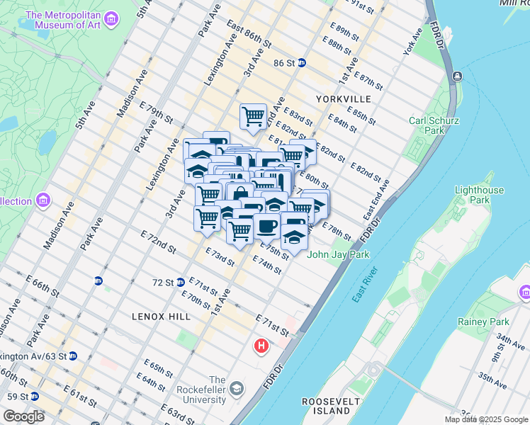 map of restaurants, bars, coffee shops, grocery stores, and more near 345 East 77th Street in New York