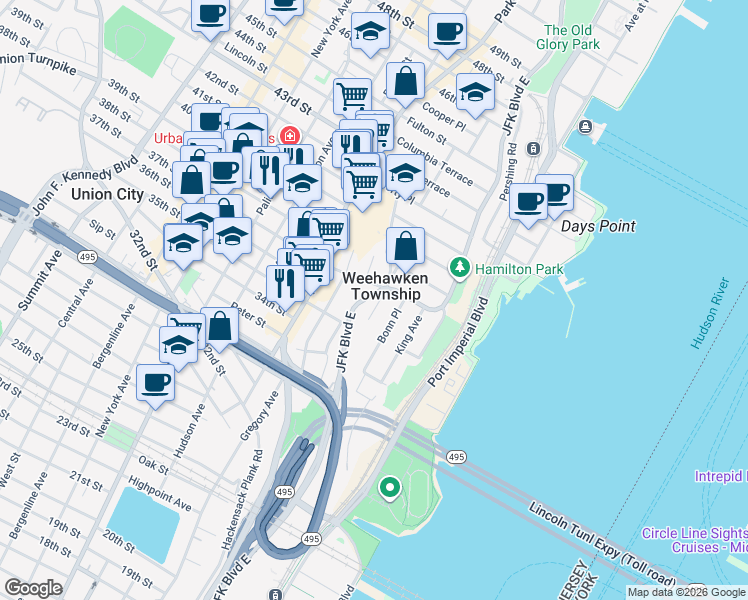 map of restaurants, bars, coffee shops, grocery stores, and more near 65 Highwood Terrace in Weehawken