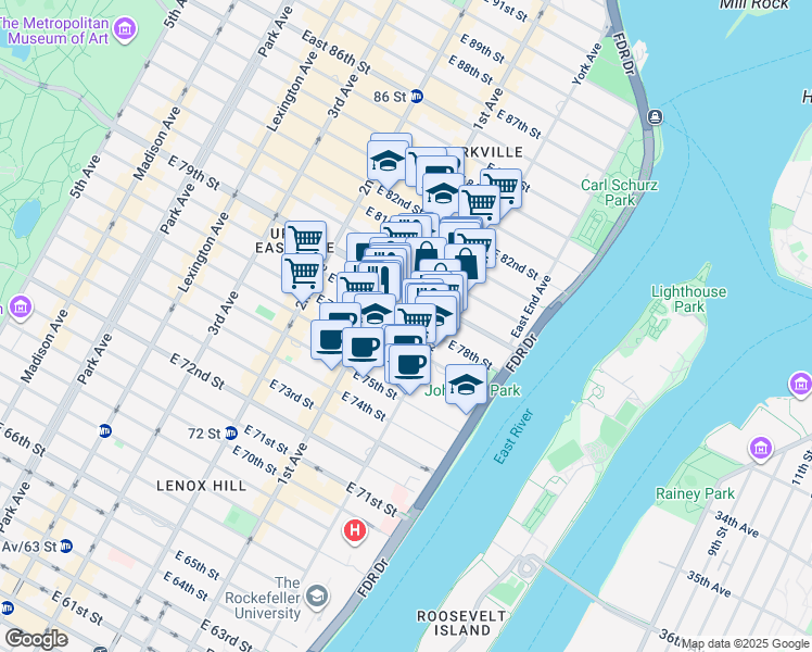 map of restaurants, bars, coffee shops, grocery stores, and more near 420 East 78th Street in New York