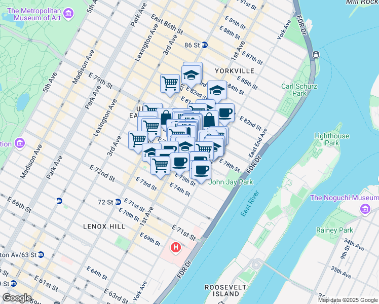 map of restaurants, bars, coffee shops, grocery stores, and more near 403 East 77th Street in New York