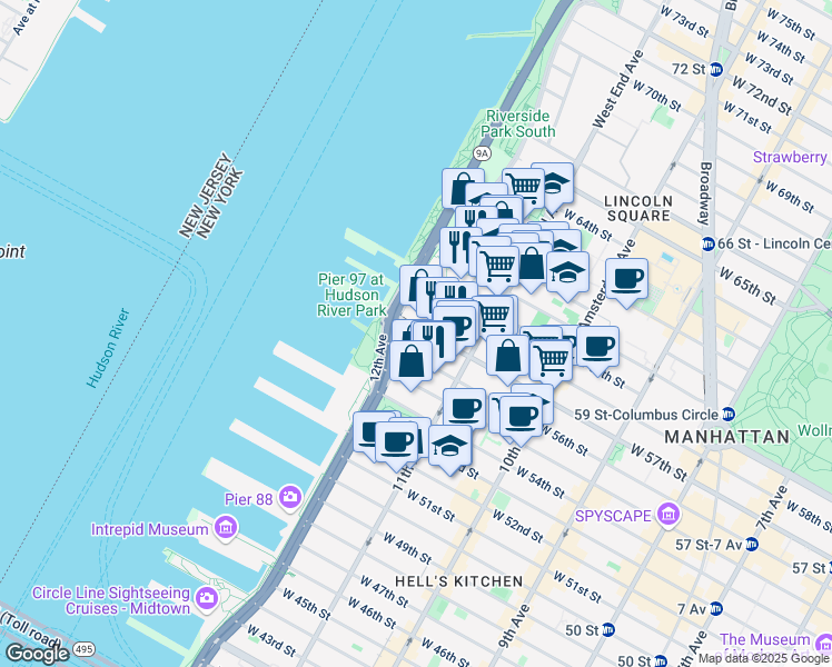 map of restaurants, bars, coffee shops, grocery stores, and more near 650 West 57th Street in New York