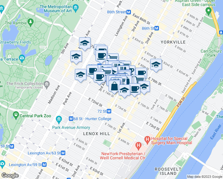 map of restaurants, bars, coffee shops, grocery stores, and more near 228 East 75th Street in New York